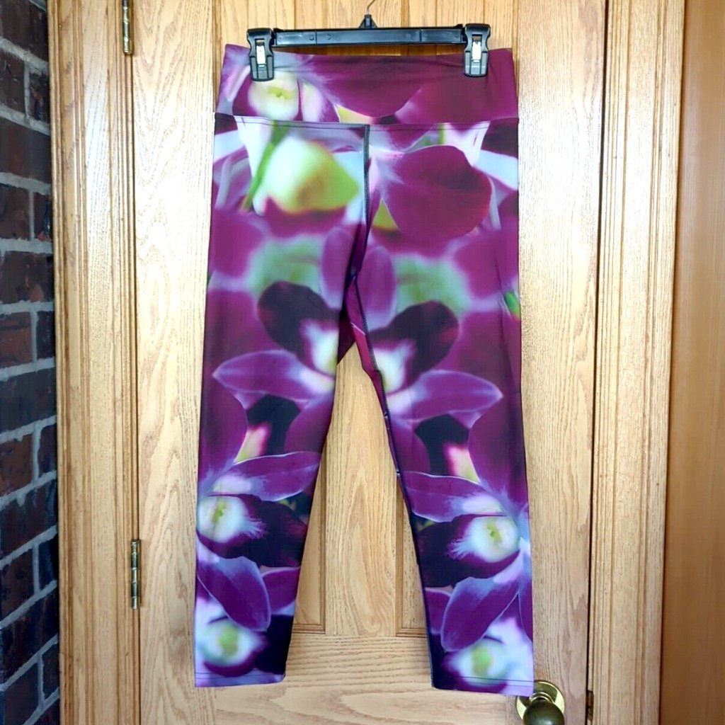 Eagle Rock Werkshop Purple Orchid Triathlon Fabric Crop Leggings L Gym Floral